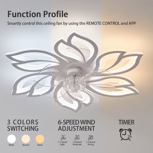 Ventilador de techo de 26 pulgadas con luces LED regulable con control remoto, luz de ventilador de velocidad del viento de 6 engranajes